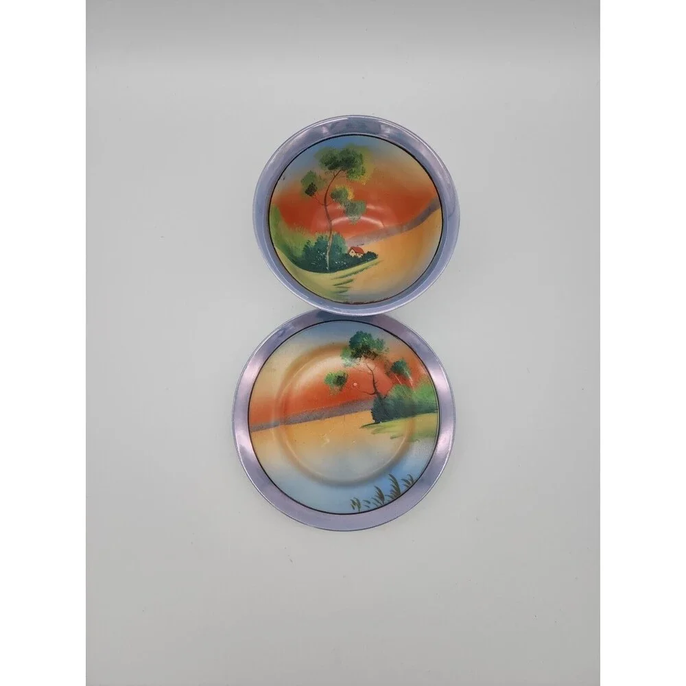 Japan Footed Rice Bowl & Plate Blue Luster Edge Hand Painted Sunset Water House